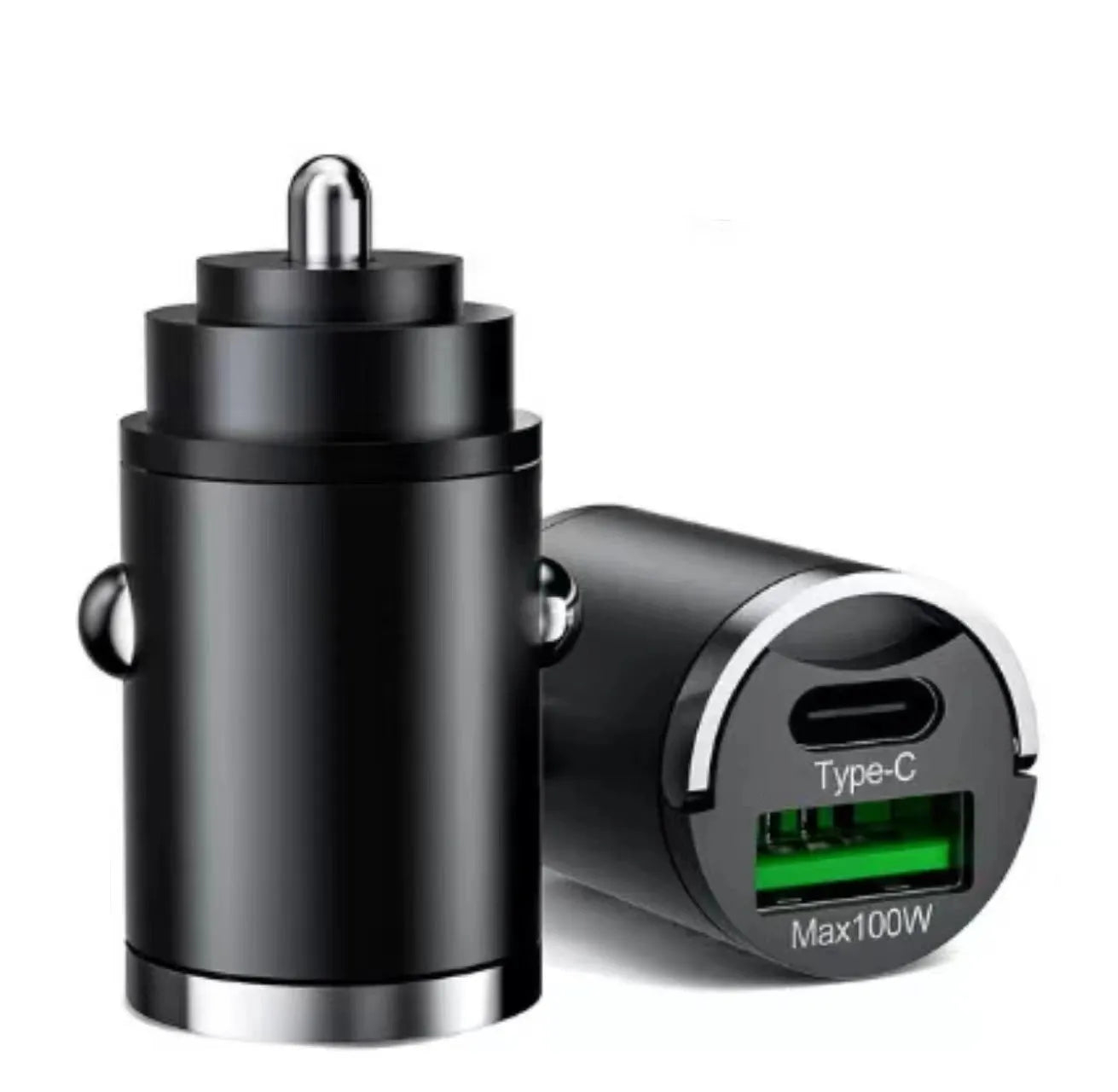 Black metal car charger with invisible pull-tab design for 100W super fast USB charging