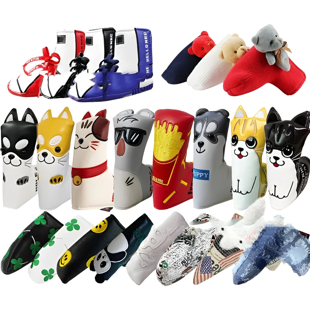 Golf putter sleeve in PU waterproof fabric with fleece lining, showing multiple design options