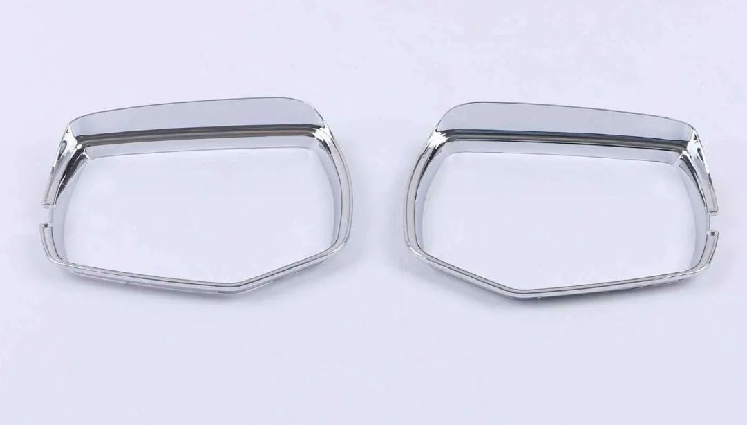 Pair of ABS plastic rearview mirror covers for Cadillac CT5 CT6 in carbon fibre, silver, and rain frame finish options.