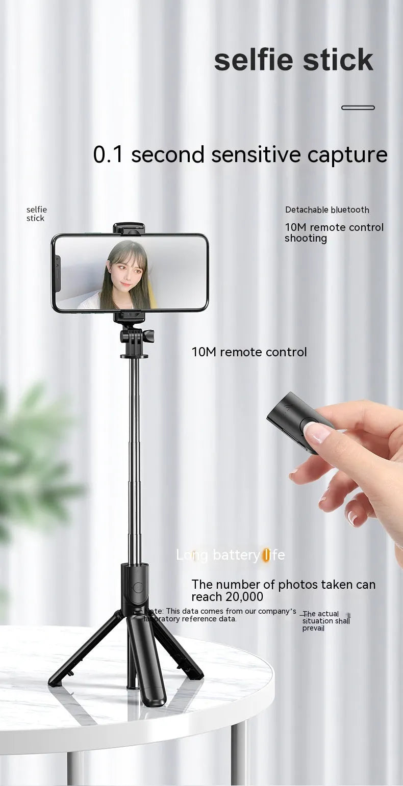Black selfie stick tripod with wireless Bluetooth remote and universal phone holder, anti-shake floor stand.