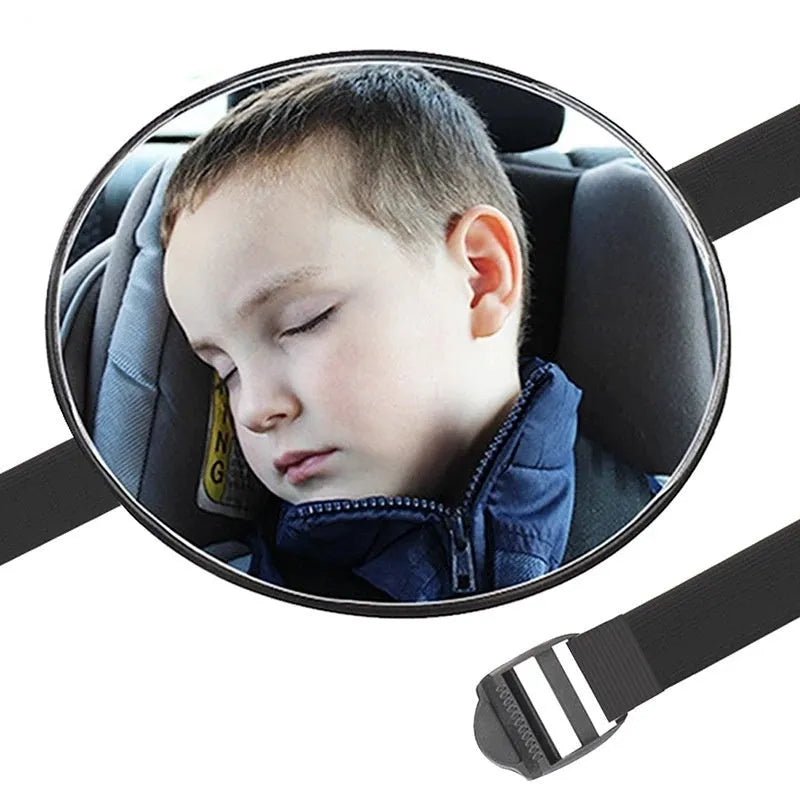 Black baby safety seat rearview mirror with 17cm diameter mounted on car headrest