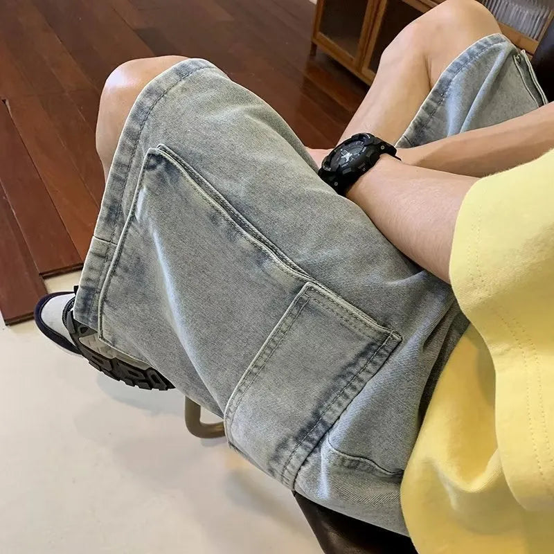 Men's cotton denim shorts in dark blue, light blue, or black, fifth pants length, sizes S to 3XL