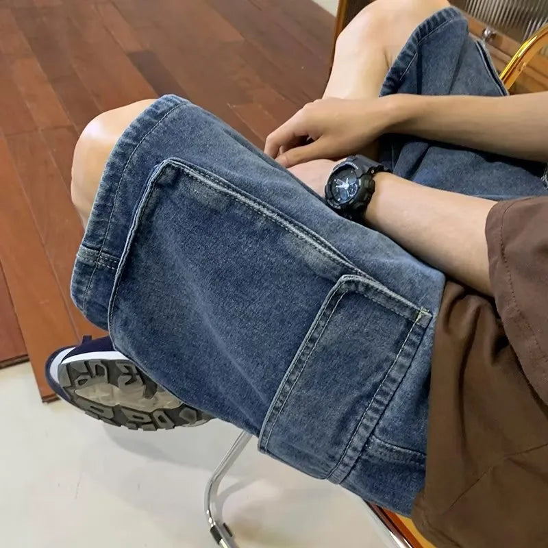 Men's cotton denim shorts in dark blue, light blue, or black, fifth pants length, sizes S to 3XL