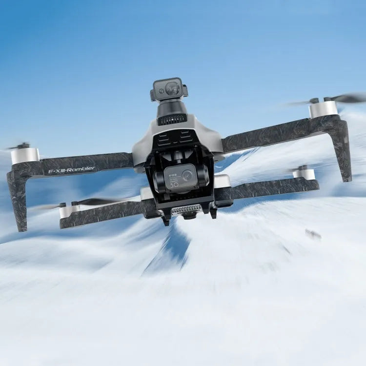 White folding quadcopter drone with camera and obstacle avoidance sensors on a grey background.