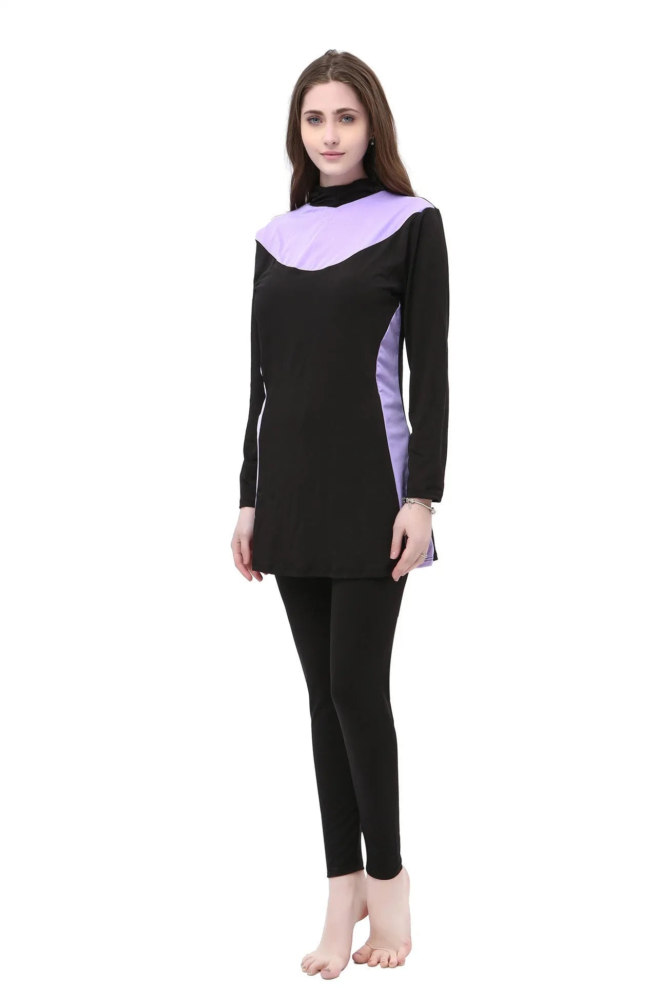 Women's black hooded swimsuit with long sleeves and matching pants for swimming