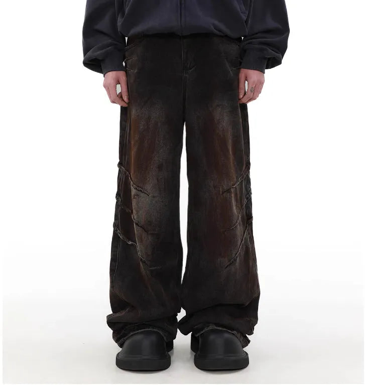 Men's distressed dirty wash baggy straight leg jeans in rust colour cotton denim