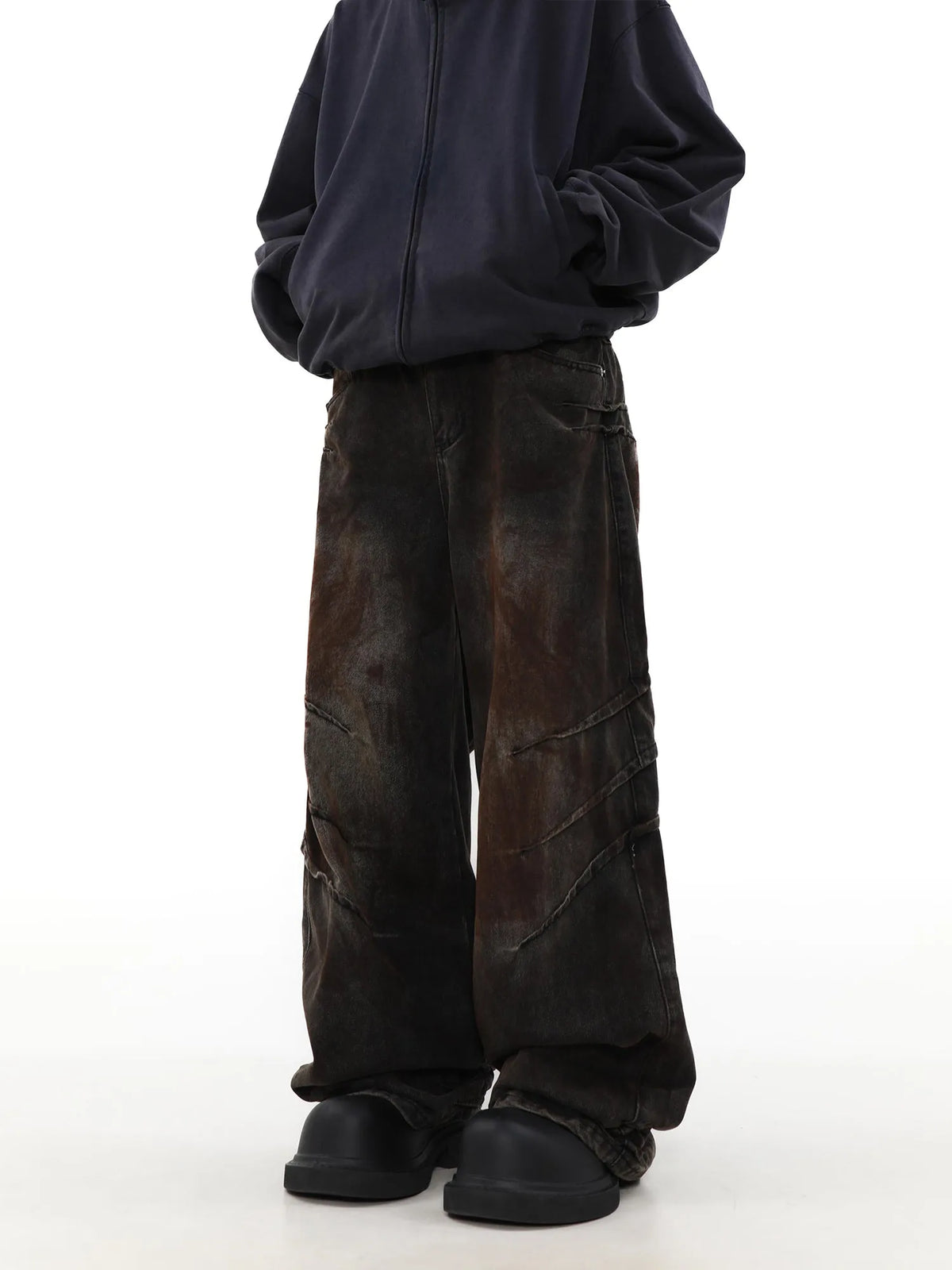 Men's distressed dirty wash baggy straight leg jeans in rust colour cotton denim