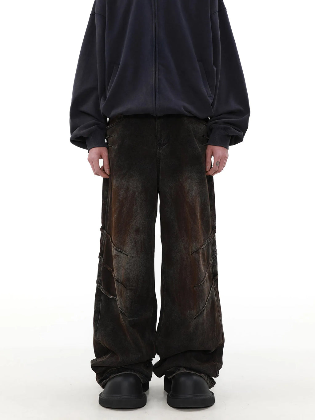 Men's distressed dirty wash baggy straight leg jeans in rust colour cotton denim