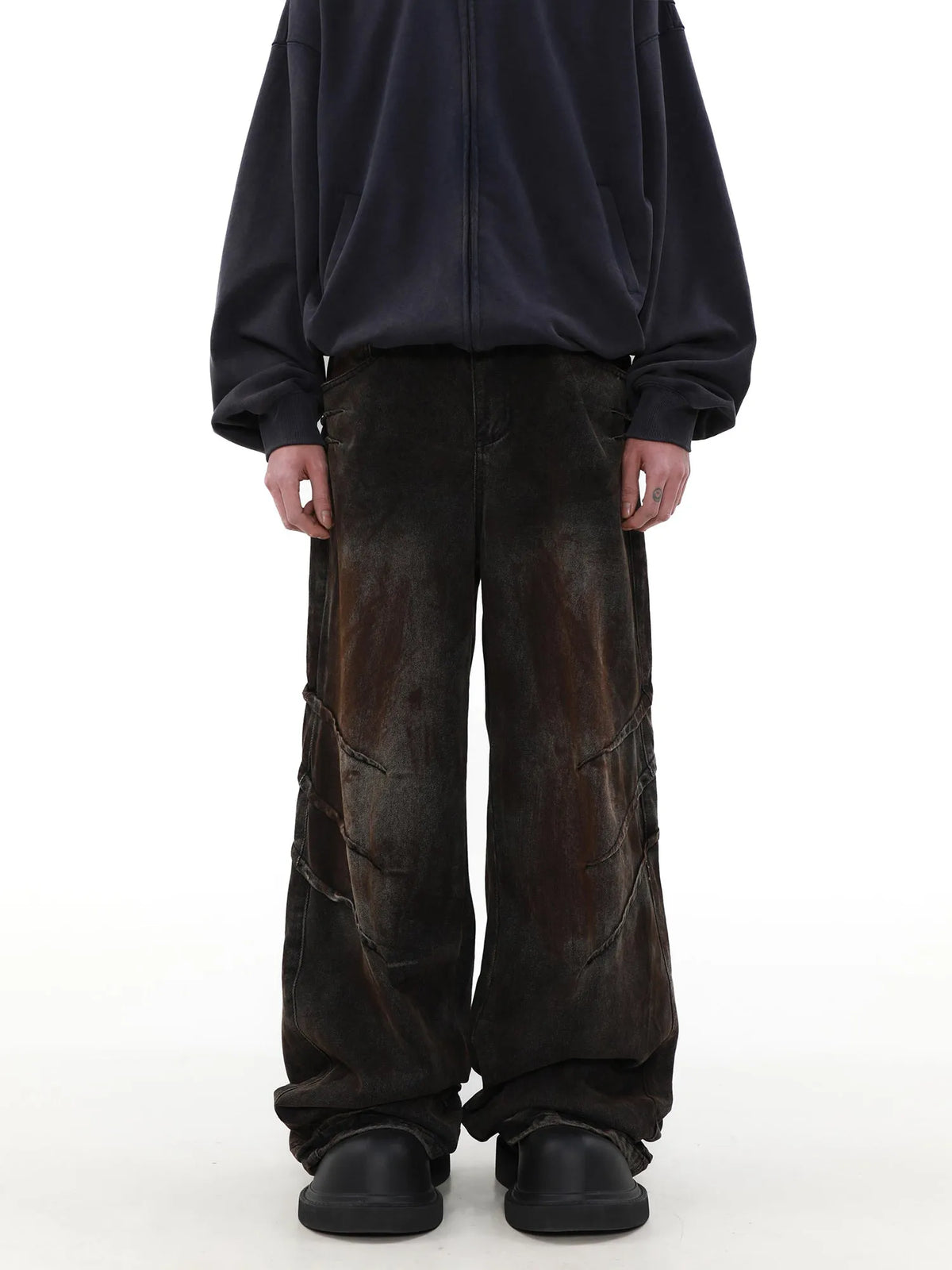 Men's distressed dirty wash baggy straight leg jeans in rust colour cotton denim