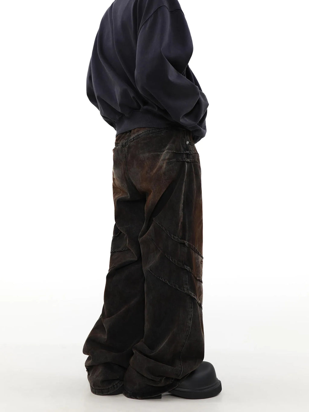 Men's distressed dirty wash baggy straight leg jeans in rust colour cotton denim