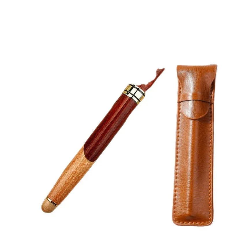 Wooden fountain pen with metal details alongside a matching fabric pen bag