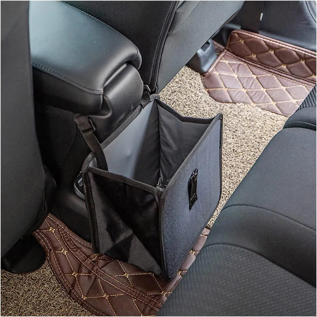 Black waterproof Oxford cloth car folding trash can with hanging loop