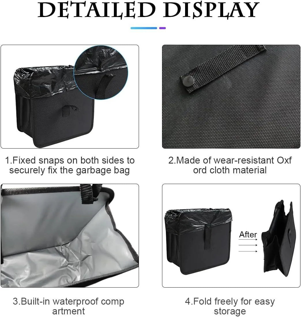 Black waterproof Oxford cloth car folding trash can with hanging loop