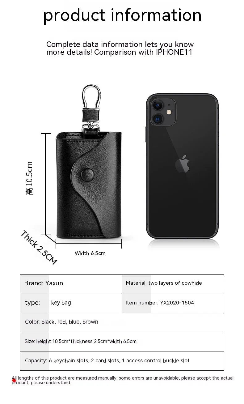 Men's black genuine leather square keychain card holder with key ring and card slot.