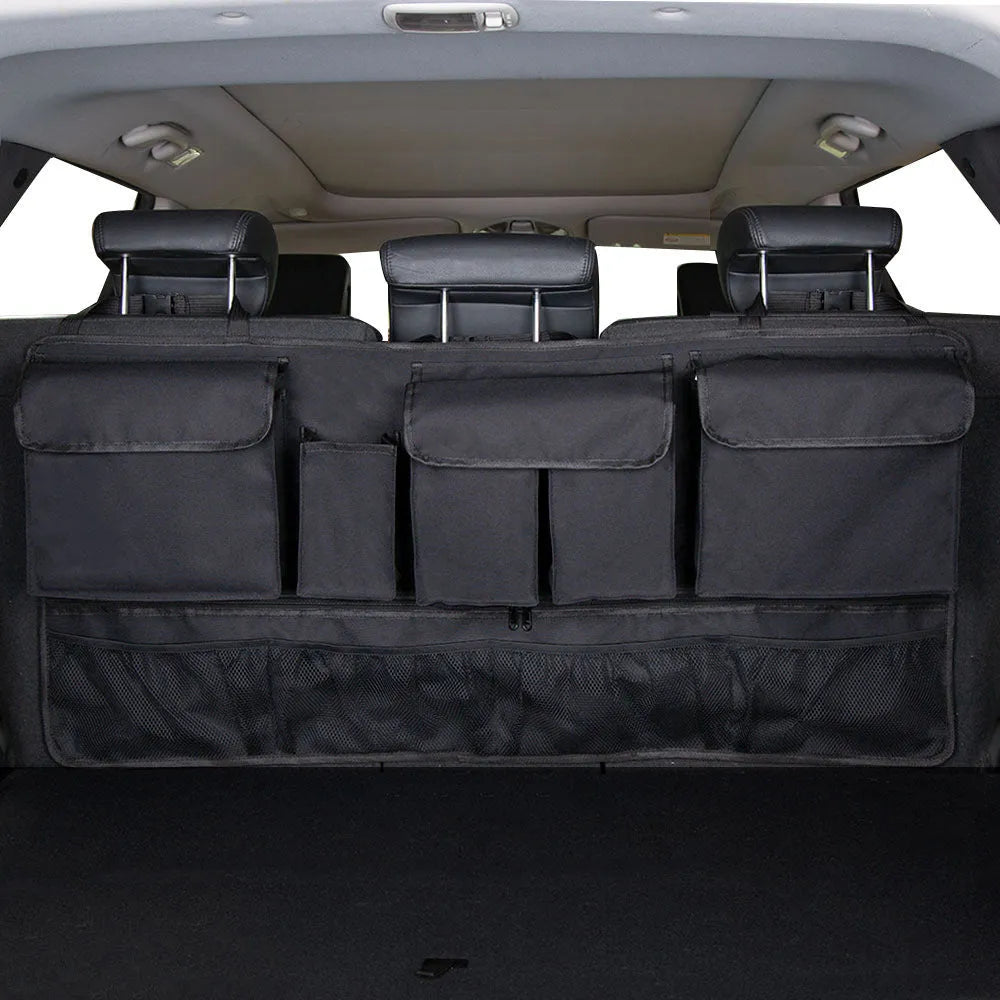 Black car boot hanging storage organiser with waterproof Oxford cloth construction and seat back attachment