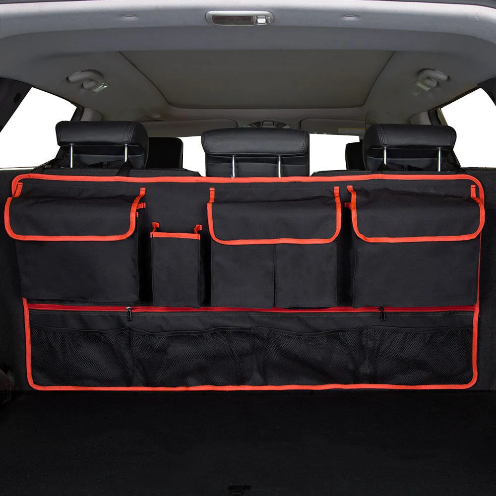 Black car boot hanging storage organiser with waterproof Oxford cloth construction and seat back attachment