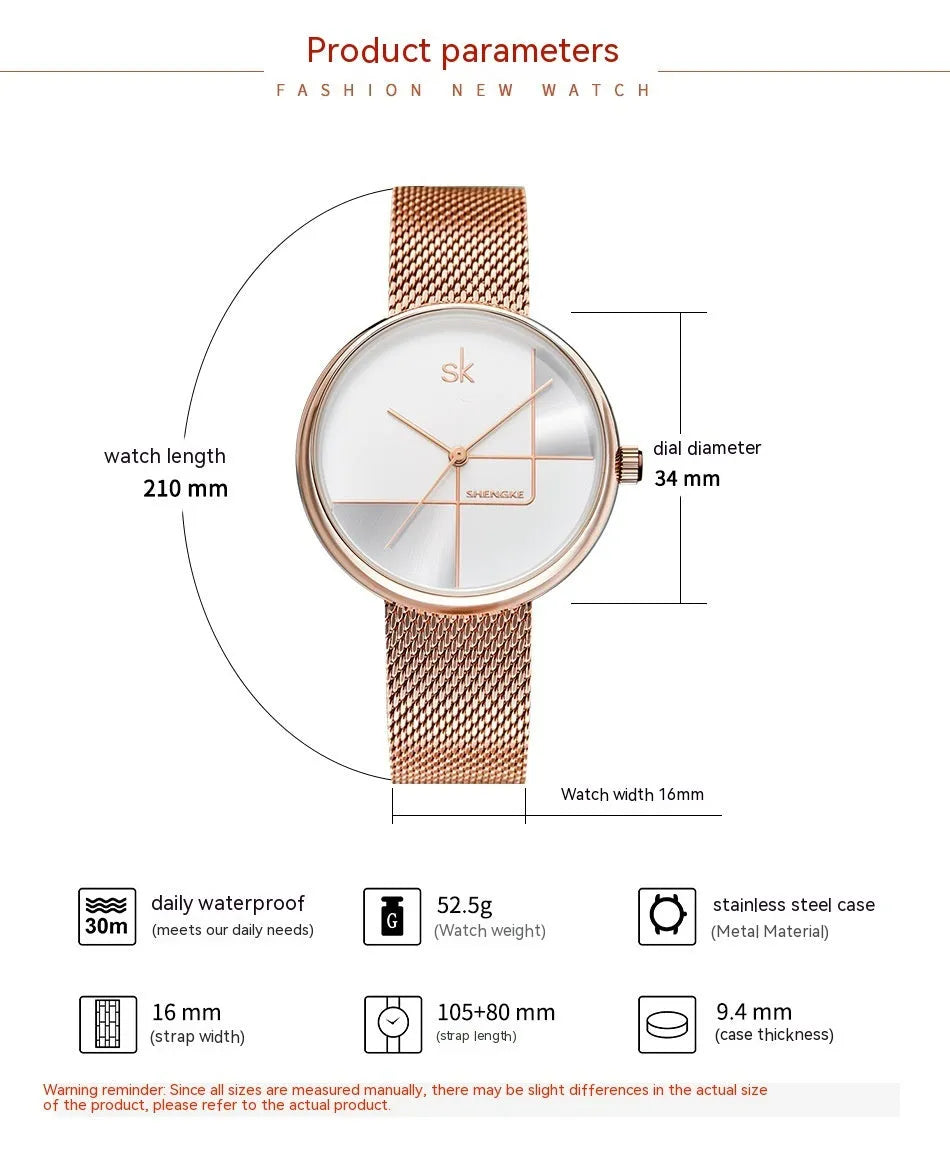 Women's geometric quartz watch with mesh strap in silver 34mm dial