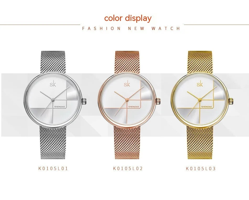 Women's geometric quartz watch with mesh strap in silver 34mm dial