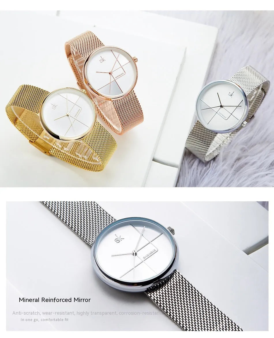 Women's geometric quartz watch with mesh strap in silver 34mm dial