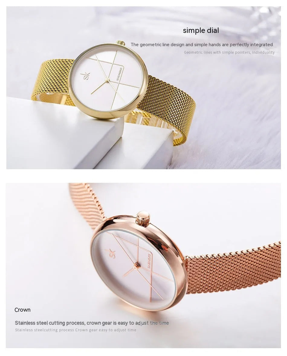 Women's geometric quartz watch with mesh strap in silver 34mm dial