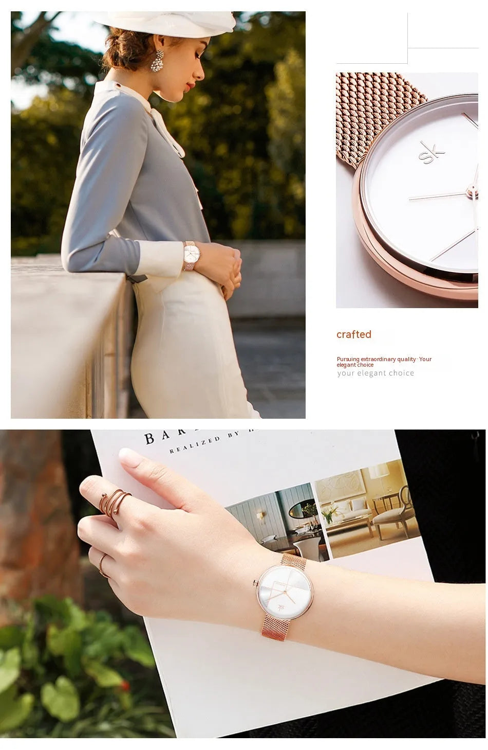 Women's geometric quartz watch with mesh strap in silver 34mm dial