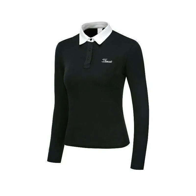 Women's white slim fit long sleeve polyester golf top on a hanger.