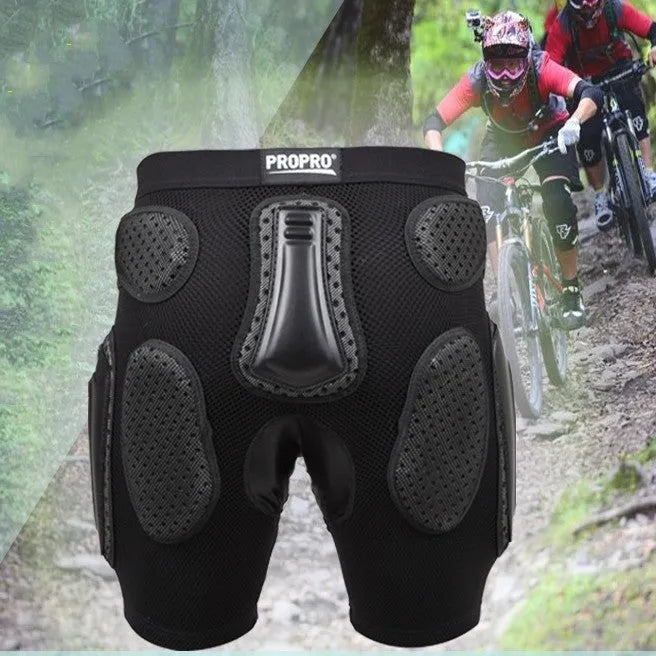 Black multifunctional cycling hip protection pants shown in size L, featuring integrated hip pad.