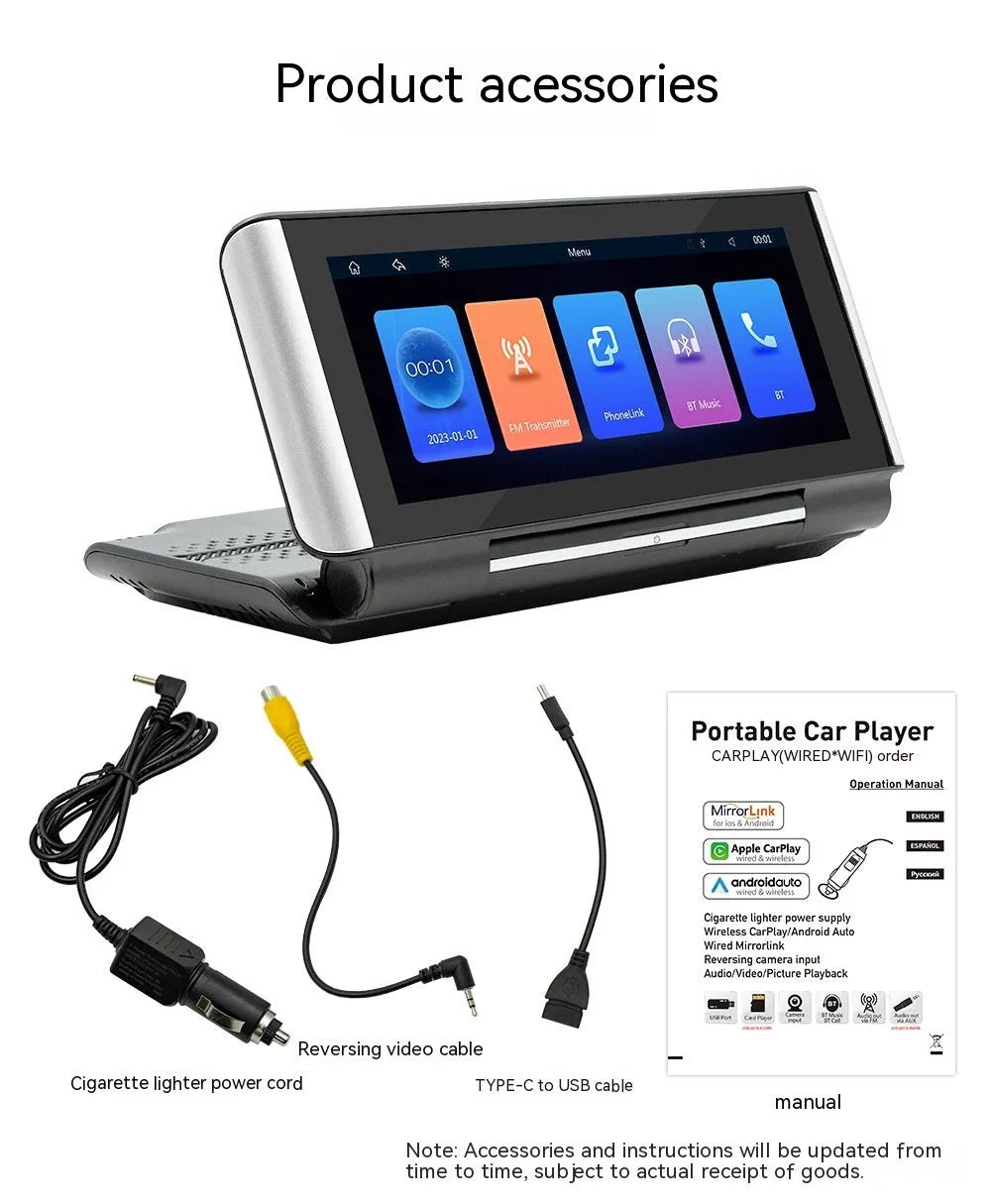 6.86 inch vehicle MP5 player with wireless CarPlay and reversing camera input on dashboard