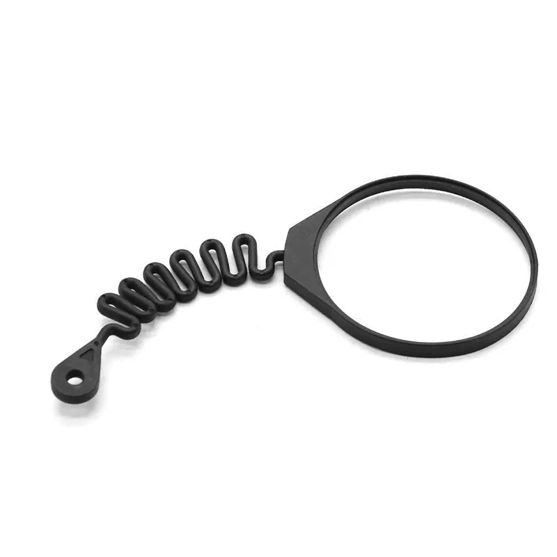 Black rubber fuel cap tether for Volvo vehicles shown in circular band and separate rope styles.
