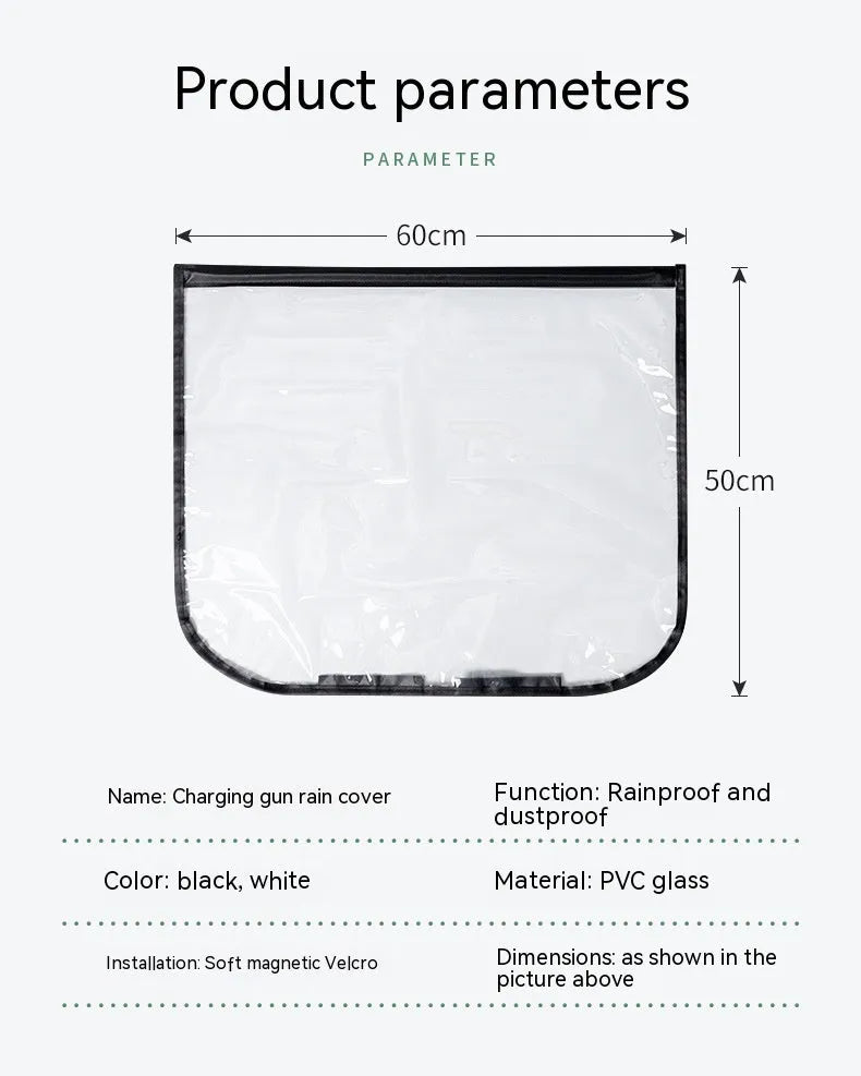 Black waterproof PVC rain cover for electric vehicle charging gun, shown with magnetic strips.