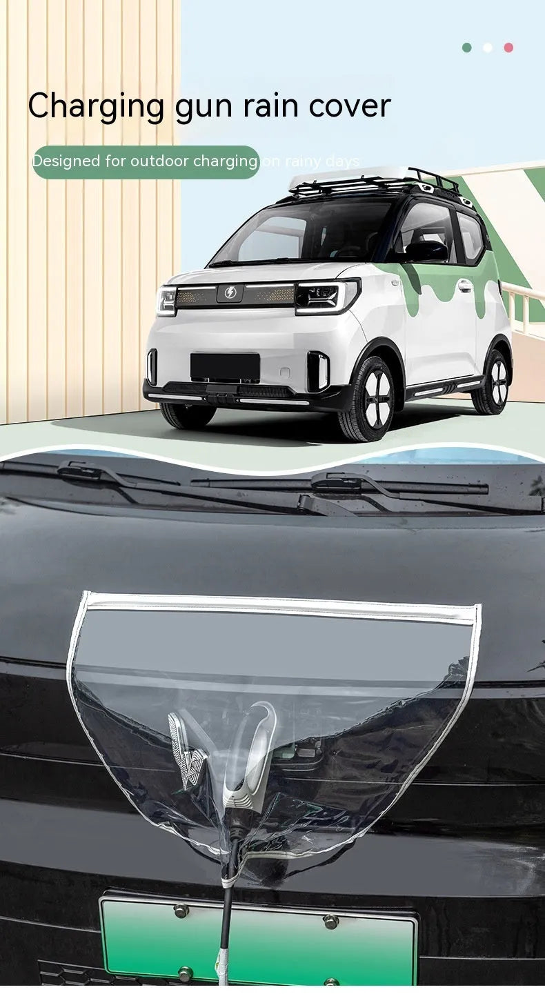 Black waterproof PVC rain cover for electric vehicle charging gun, shown with magnetic strips.