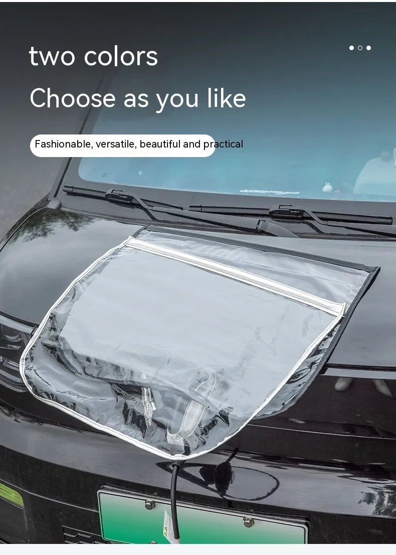 Black waterproof PVC rain cover for electric vehicle charging gun, shown with magnetic strips.