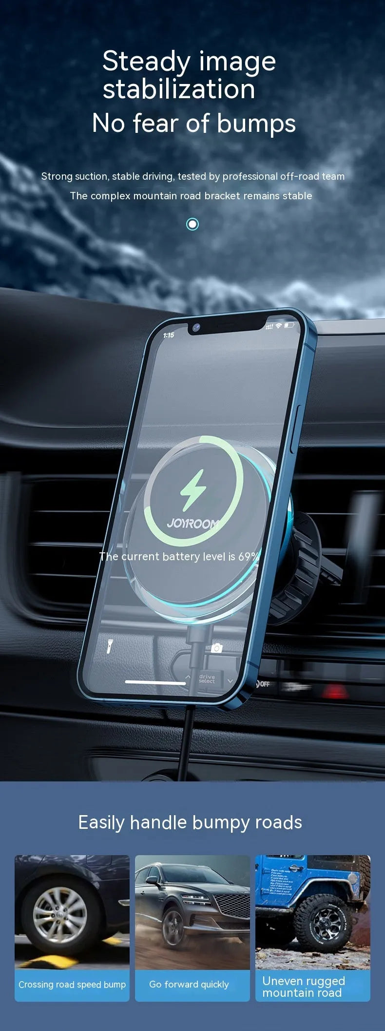 Black magnetic car air vent wireless charging stand with 15W power for smartphones
