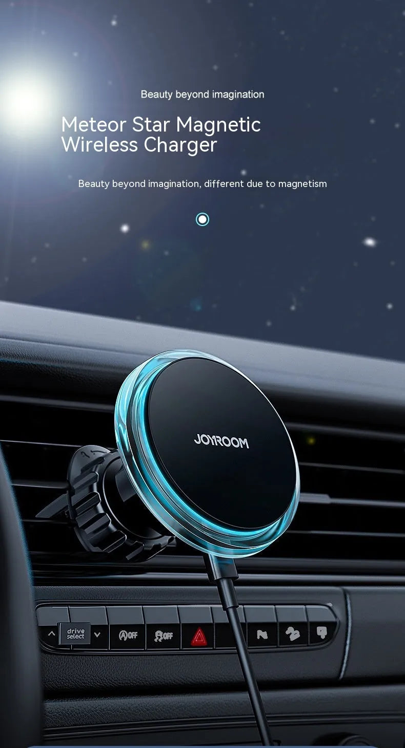 Black magnetic car air vent wireless charging stand with 15W power for smartphones