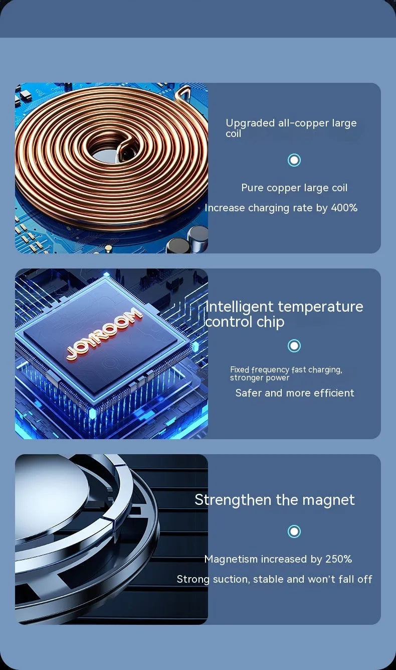 Black magnetic car air vent wireless charging stand with 15W power for smartphones