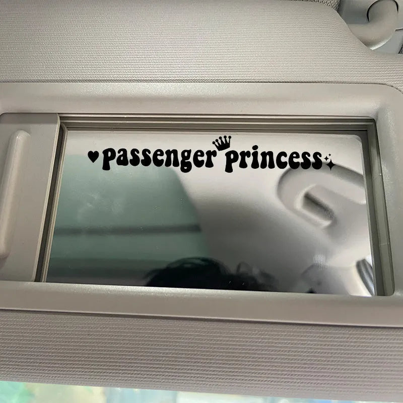 Passenger Princess car rearview mirror sticker in black, white, laser, and pink colour options