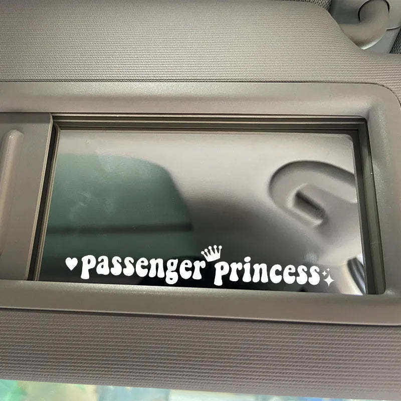 Passenger Princess car rearview mirror sticker in black, white, laser, and pink colour options