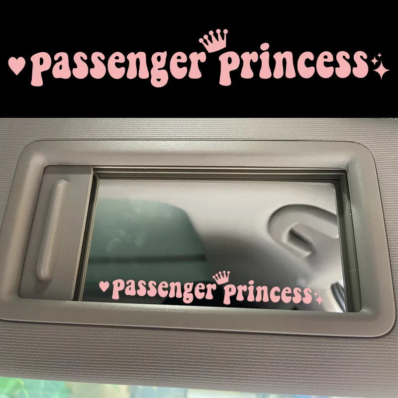 Passenger Princess car rearview mirror sticker in black, white, laser, and pink colour options