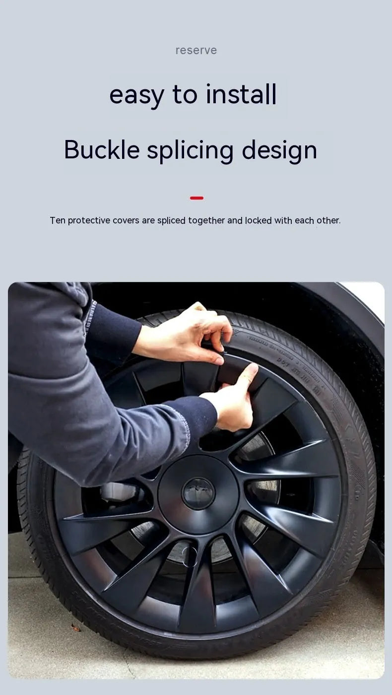 Set of four plastic wheel hub covers for Tesla Model Y in carbon fibre pattern finish.