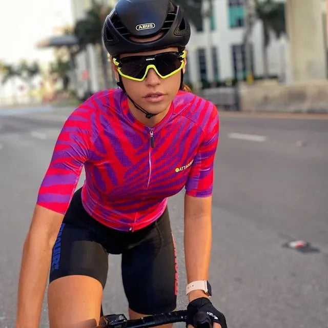 Attaquer Women's All Day Kaleidoscope Cycling Jersey long sleeve top and pants set in a vibrant patterned design.
