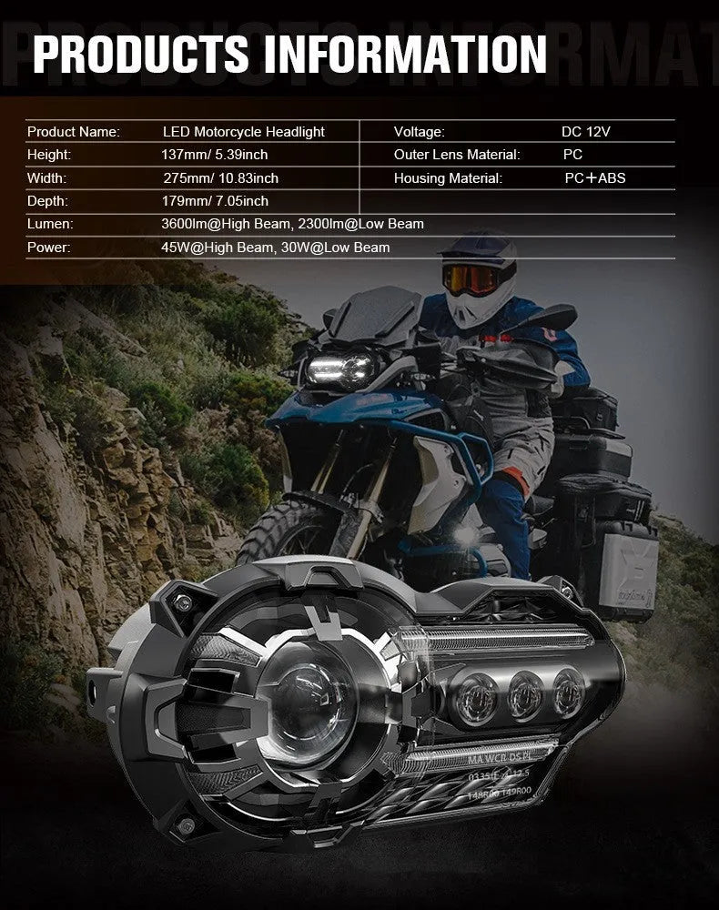 Black motorcycle LED headlight unit showing dimensions of 267mm width by 172mm depth