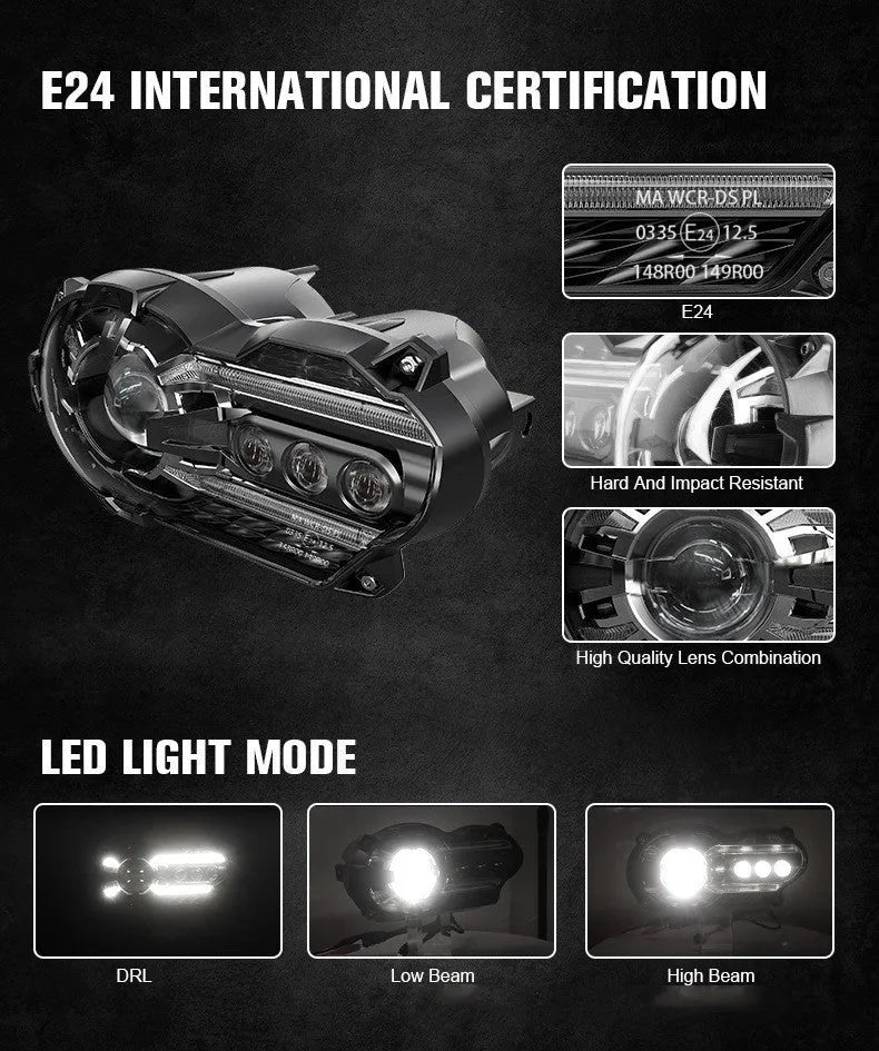 Black motorcycle LED headlight unit showing dimensions of 267mm width by 172mm depth
