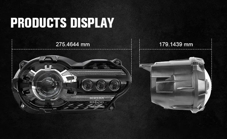 Black motorcycle LED headlight unit showing dimensions of 267mm width by 172mm depth
