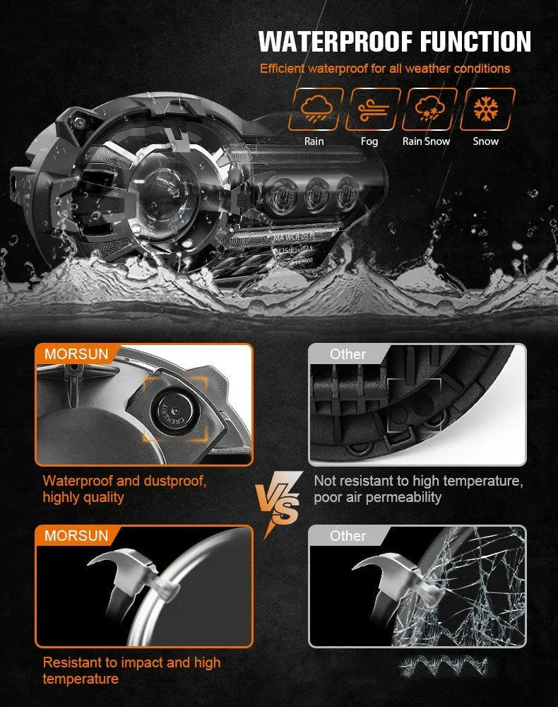 Black motorcycle LED headlight unit showing dimensions of 267mm width by 172mm depth