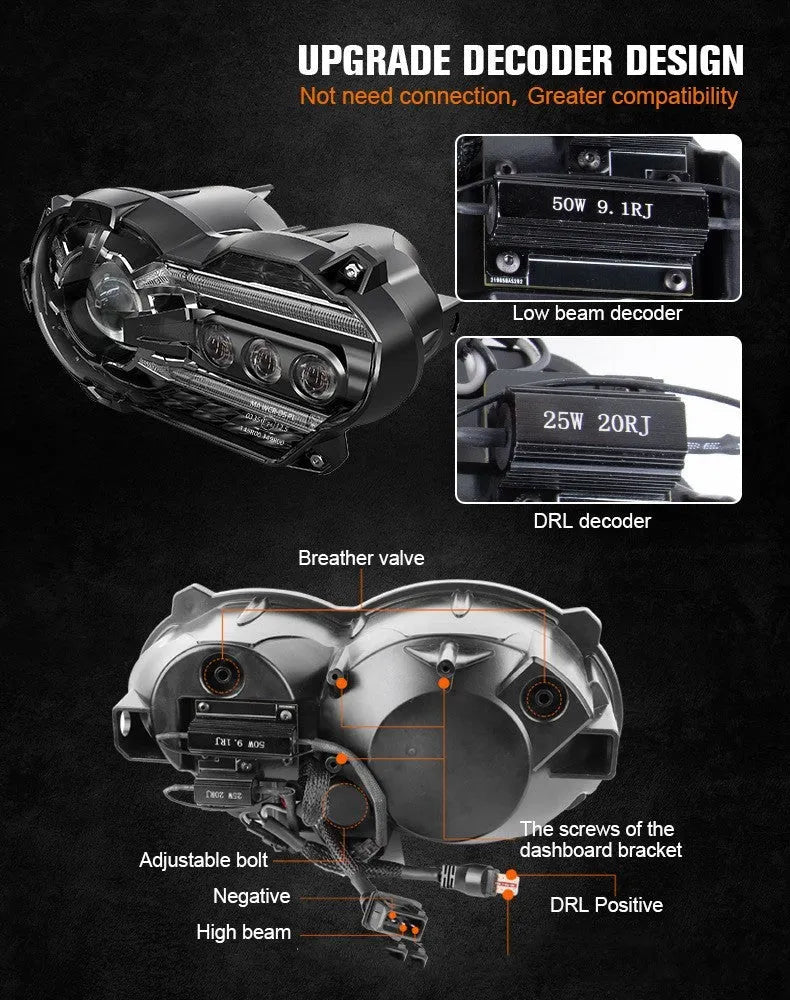 Black motorcycle LED headlight unit showing dimensions of 267mm width by 172mm depth