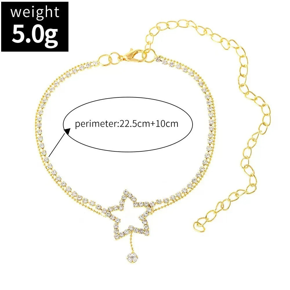 Women's rhinestone five-pointed star heart shape anklet in gold or silver gold-plated finish
