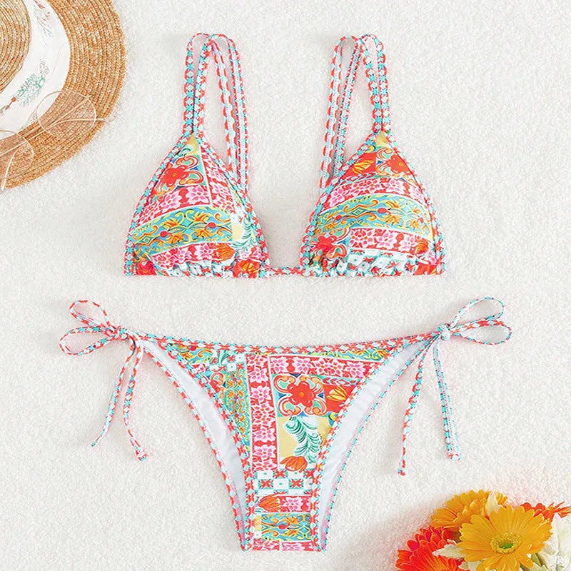 Women's European style lace-up split swimsuit bikini set with backless design