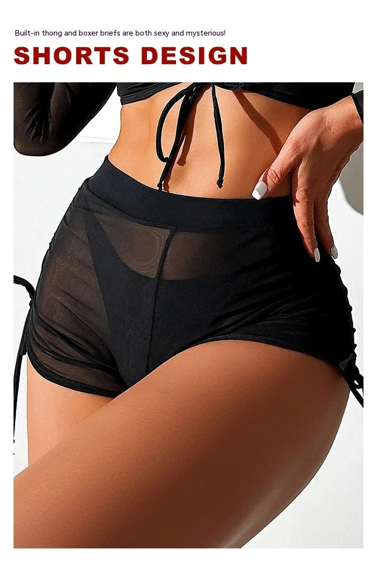Black mesh four-piece bikini set for women with long sleeves