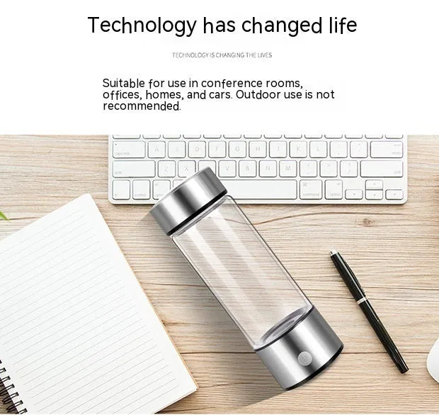 Silver hydrogen water bottle with electric generator and borosilicate glass construction