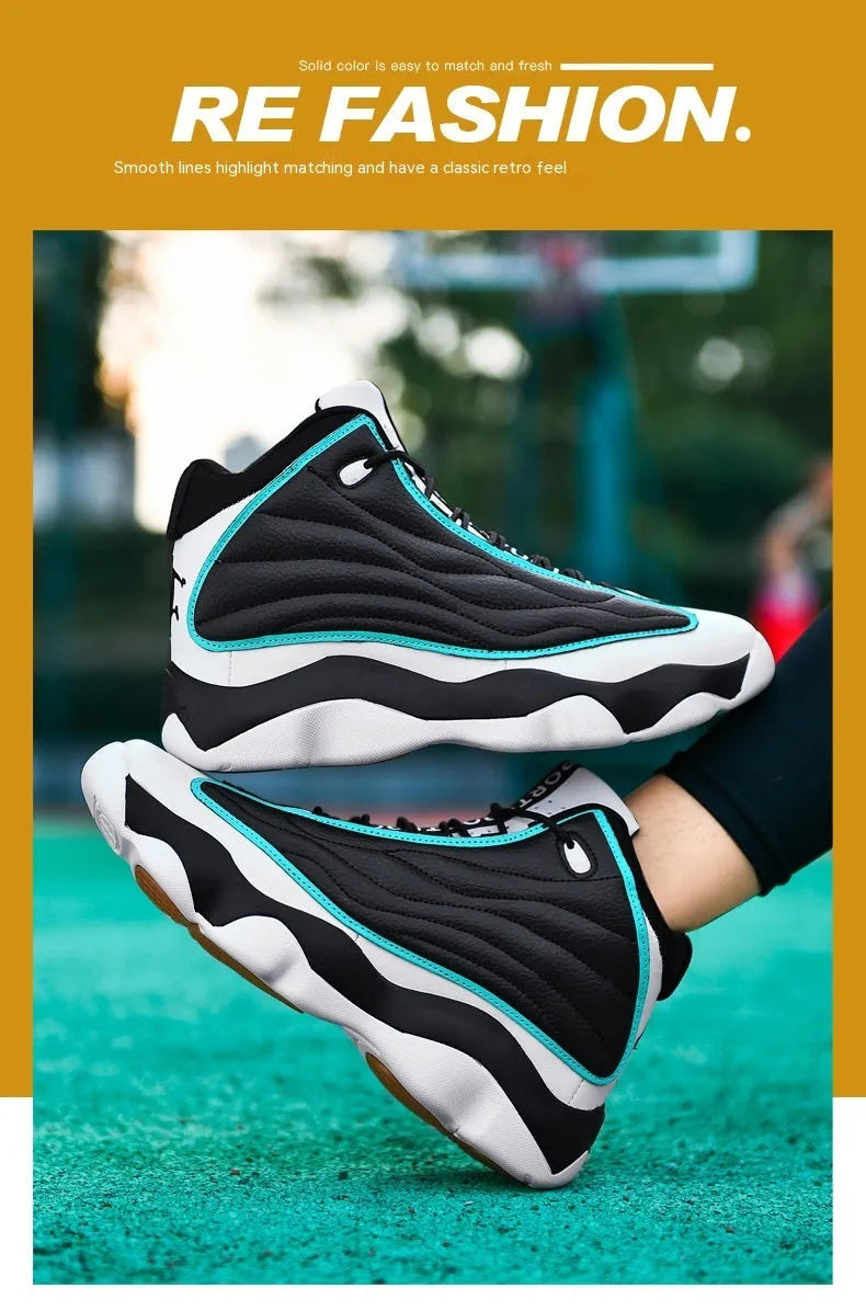 Casual basketball shoes with mesh upper, thick rubber sole, and high-top design in AJ13 colour options